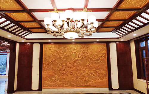 屯溪中式别墅客厅中式木作横梁吊顶装饰展示